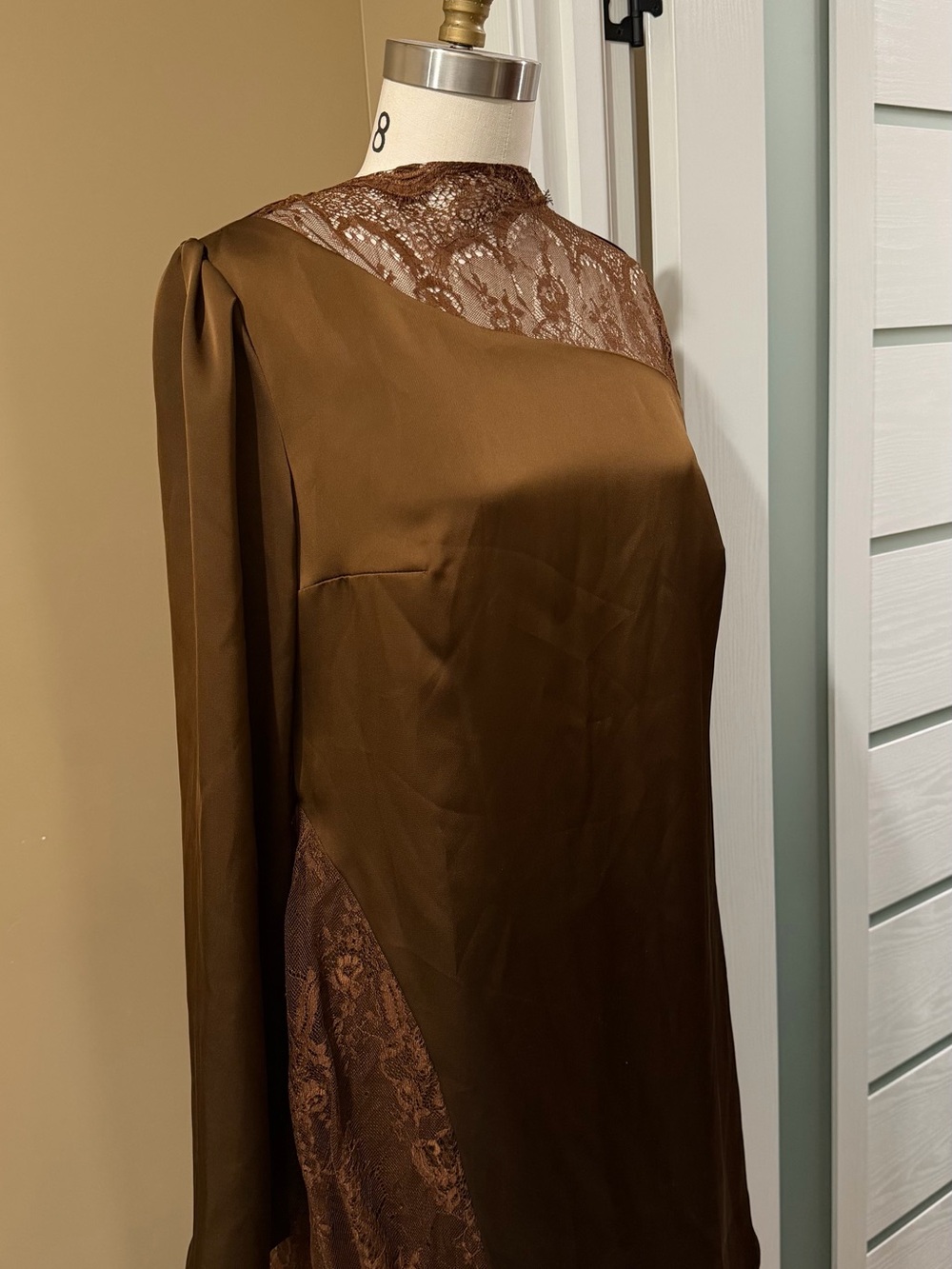 Long Sleeve Brown Lace-Trim Evening Dress
